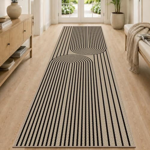 VSIWB Teppich Läufer Flur 80x300cm, Jute Aussehen Küchenteppich, Waschbarer Teppich Flur, rutschfest Küchenläufer, Schwarz Outdoor Teppich für Küche, Wohnzimmer, Schlafzimmer, Diele, Eingang, Balkon