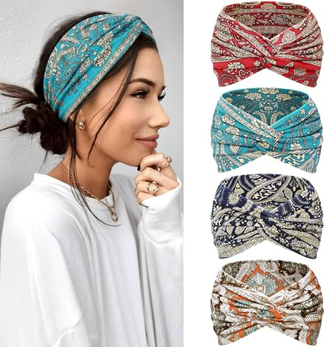 Kavya Diadema Kvinna Hårband 4 Stycken – 17,8 cm Bredd Elastisch Boho med Korstäppt Knut, Turbaner för Kvinna Bandana Huvudbonad Håraccessoarer för Yoga, Sport och Smink (Gul)