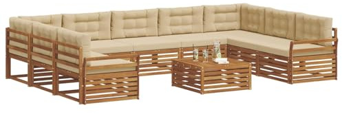 vidaXL Sofagarnituren 10 pcs Natur und Beige Massivholz Akazie, Moderner Garten-Sofa, Outdoor-Sitzgruppe, Lounge-Set für die Terrasse, bequem und robust