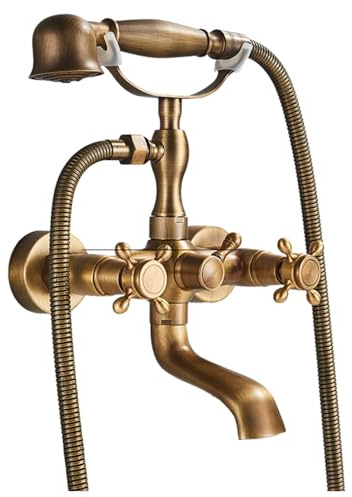 Wandbatterie Retro für Badewanne - Messing, Keramische Kartusche, Schwenkbare Auslaufdüse, Handbrause, Vintage Stil (Messing)