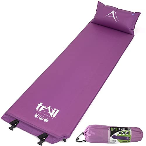 Trail Self Inflating Camping Mat With Pillow 2.5cm Thick Single Sleeping Pad With Bag (Purple)
