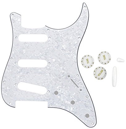 FLEORST Pickguard SSS, Schlagbrett mit 2T1 V Einstellknopf-/Schalterspitzen-/Bar Tip-Set für ST ocaster-Gitarrenteil 4ply, white pearl