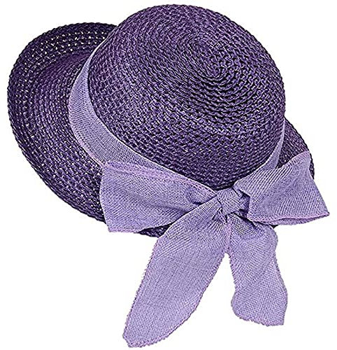 Drawihi Damen Sommer Sonnenhut Anti UV Strohhut Strandhut Sonnenschutz mit Bowknot Streamer Dekoration (Lila) 58-60 cm