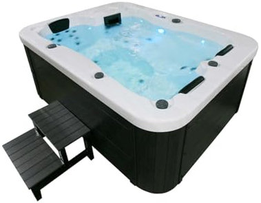 Home Deluxe - Bañera de hidromasaje exterior - Peldaños de mármol blanco Plus y cubierta térmica - Dimensiones 210 x 160 x 85 cm - Incluye calefacción, 27 chorros de masaje y 9 fuentes de luz I Bañera
