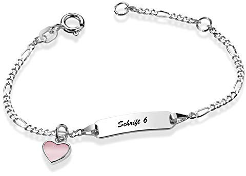 MATERIA Baby Armband mit Gravur für Mädchen - 925 Silber mit Herz rosa 12-14cm in Etui SA-113-Schrifttyp 6