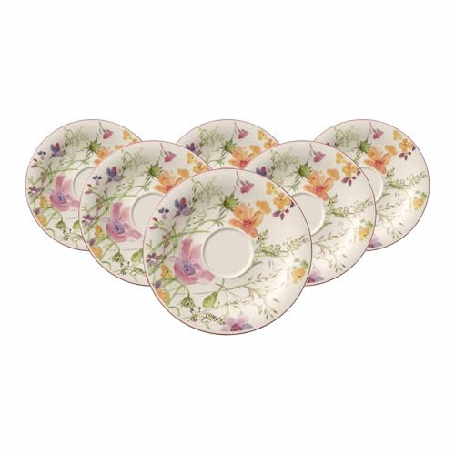 Villeroy & Boch Mariefleur Basic Frühstücksuntertassen 6er Set, 19 cm, XXL Untertassen mit Blumendekor, Premium Porzellan, Bunt