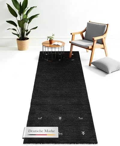 carpetfine Wollteppich Gabbeh Uni Läufer Schwarz 80x400 cm | Moderner Teppich für Wohn- und Schlafzimmer