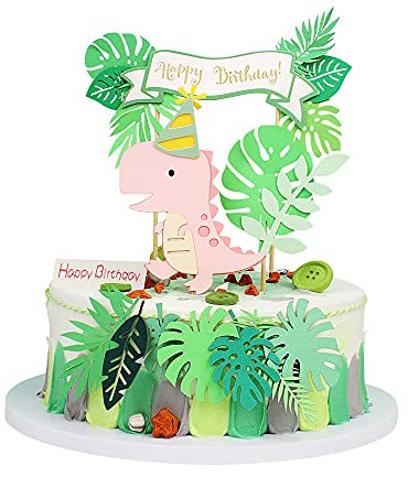 Blumomon Pink Dinosaur Cake Toppers Set - Green Leaf Happy Birthday Banner for Boy & Girl's Dinosaur Theme Party Decoration