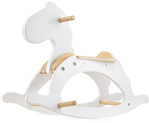 Mamabrum Caballito Balancín para Bebés de Madera - Balancín Infantil 1 Año con Asiento Ergonómico y Reposapiés - Saltador Bebe Seguro hasta 50kg - Diseño CláSico Blanco 70x47cm