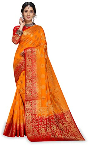 C J Enterprise Damen Sarees aus reiner Kanchipuram-Seide mit Bluse (Marry Gold)
