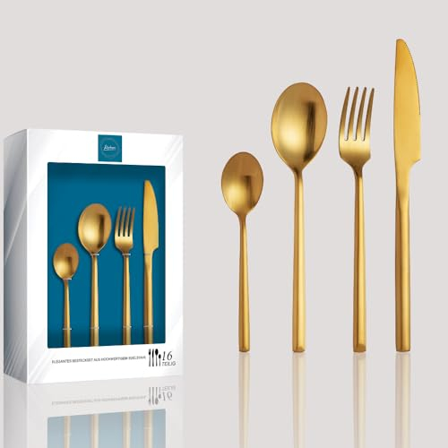 Kadum - 16-teiliges Besteckset Modernes Besteckset aus Edelstahl, 4x Suppenlöffel 4x Tafelgabel 4x Speisemesser 4x Teelöffel (Matt & Gold)