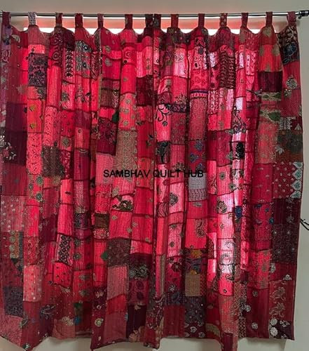 Sambhav Quilt Hub 2 Stück indischer Vintage-Patchwork-Stoff mit Patchwork-Motiv, handgefertigt, für Tür, Fenster, Vorhänge, Gardinen, Gardinenschals (rot)