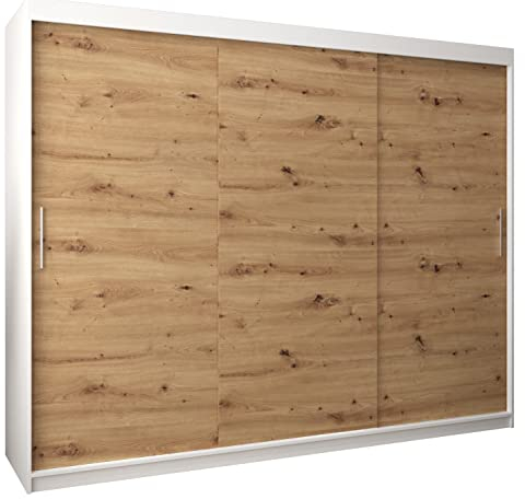 MEBLE KRYSPOL Tokyo 250 Kleiderschrank mit DREI Schiebetüren für Schlafzimmer – moderner Aufbewahrungsschrank mit Kleiderstange und Regalen – 250x200x62cm - Mattweiß + Artisan