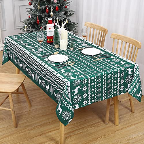 LinTimes Tovaglia di Natale rettangolare WipeClean, motivo albero di Natale e cervi, tovaglia oleosa e impermeabile, per decorazioni natalizie per la casa, 132 x 200 cm, verde
