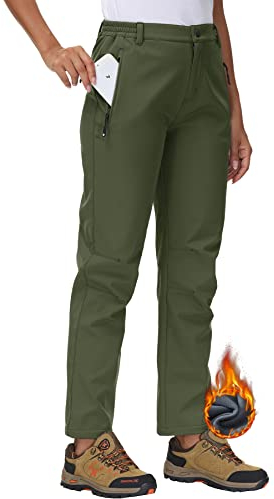 Rdruko Womens Hiking Waterproof Trousers Fleece Lined Thermal Snow Ski Pants Outdoor Walking Work Softshell Trousers Army Green M