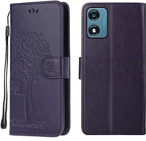 Motorola Moto E13 Case Leather Wallet Flip Folio Magnetic Clasp Stand View Bookstyle Cases for Motorola Moto E13 Phone Case Cover Shockproof Cute Owl & Tree Pattern, Purple