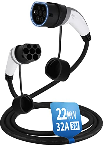 Cable de Carga de Vehículos Eléctricos Tipo 2 | 32A 22KW | Trifásica | 3 Metros | Apto para Todos los híbridos Plug-in y vehículos eléctricos, Compatible con ID.3 ID.4 Model 3 e-Tron ZOE Leaf e-Golf