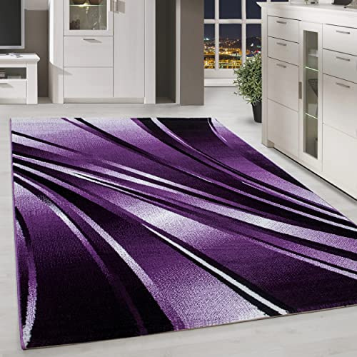 HomebyHome Teppich Wohnzimmer 240x340 cm Lila XL Modern Abstraktes Wellen Design Kurzflor für große Flächen Schlafzimmer Esszimmer Waschbar Pflegeleicht Extra Weich