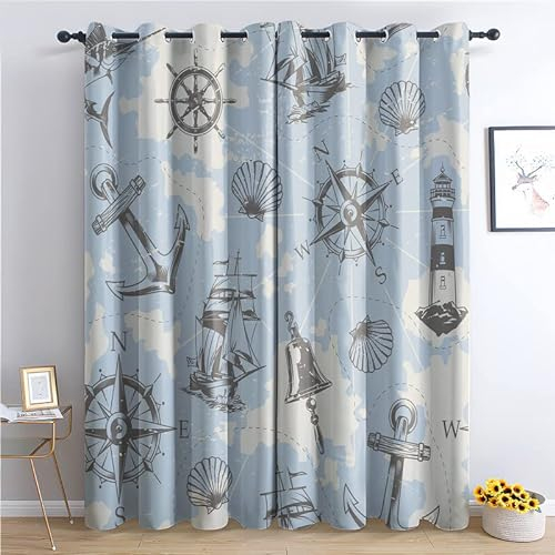THYUNQ Vorhänge Maritim Motiv, Vorhang Blickdicht Verdunklungsvorhänge mit Ösen - Gardinen Wohnzimmer Schlafzimmer Fenster, 2er Set Curtains, H 166 x B 75 cm
