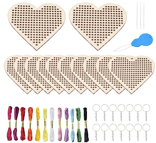CYUaoao Sticken Kinder Anfänger 12 Stücke Kreuzstich Set Mit Schlüsselring-Kits, DIY Herz Holz Schlüsselanhänger für Anfänger und Kinder, Hause Weihnachten Dekorationen
