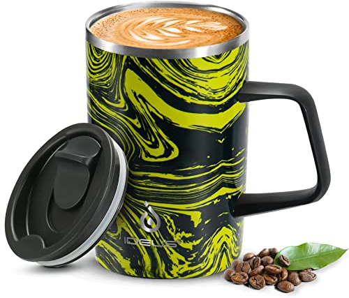 Ideus Vacuum Insulated Coffee Mug, 16oz Reusable Stainless Steel Thermal Double Walled Cup with Handle and Slider Lid for Hot & Cold Beverages, BPA Free (Yellow Zebra)