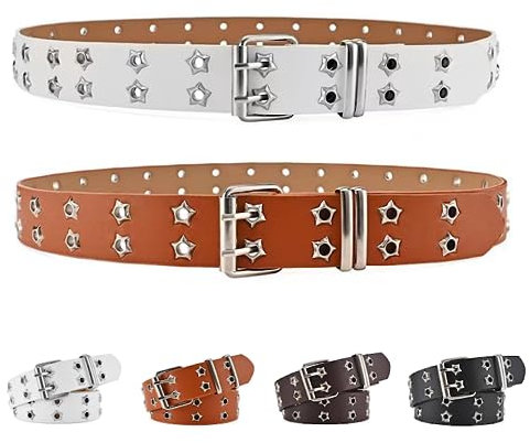 GIMIRO Punk Gürtel Damen Gürtel für Jeans, Bund für Mantel, Hohlnietengürtel,Doppelreihe von Sternlöchern,Stabile quadratische Schnalle mit 2 Pins (Brown + White)