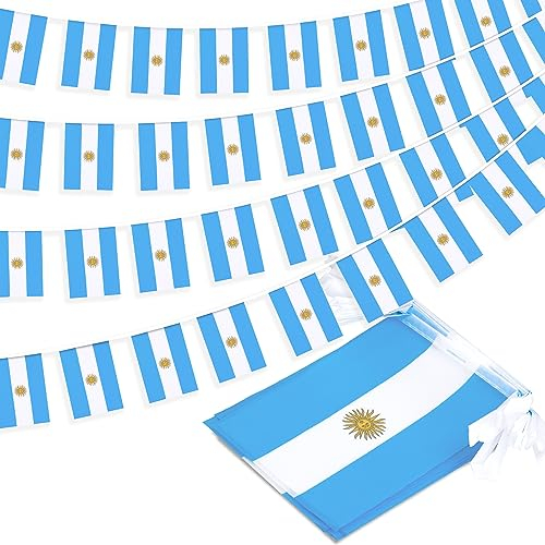 Banderín de cuerda de Argentina, pequeña bandera argentina, decoración nacional del país para escuela, fiesta, eventos deportivos, festival patriótico, 33 pies, 30 banderas