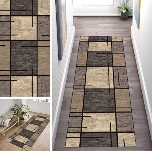 ZUZEKU Läufer Flur Küche Waschbar rutschfest 40X120cm Modern Geometrisches Muster Braun Vintage Lang Küchenteppich Flurteppich Teppich Fur Korridor Wohnzimmer Schlafzimmer Meterware Anpassbar