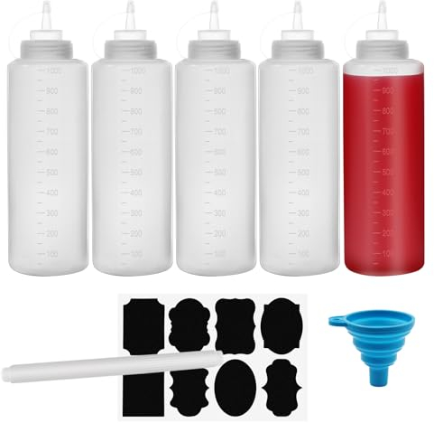 32oz Condiment Squeeze Bottle, Chetexus 5 Pack 1000ml Squeezy Sauce Bottles, Plastic Squeeze Dispensers with Measurements for Ketchup, BBQ, Sauces, Syrup, Dressings