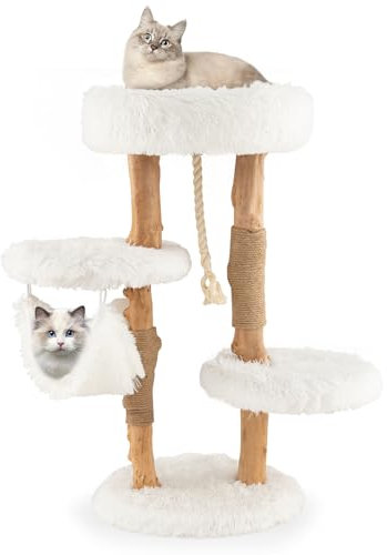 GOPLUS Arbre à Chat 87cm à 4 Niveaux en Bois Massif avec Plateforme, Perchoir, Hamac, Griffoirs en Jute, Arbre à Chats pour Se Reposer, Jouer et Aiguiser, 41 X 41 X 87 CM (87cm)