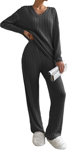 Famulily Ribbed 2 Piece Lounge Sets Women Oversized Long Sleeve Tops and Trousers, Ladies Travel Outfits Wide Leg Loungewear Set Winter Nightwear Leisure Suits (XL, Dark Grey)