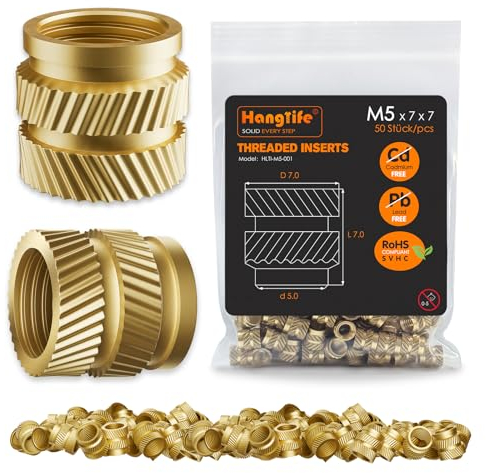 HANGLIFE Inserts Fileté pour la Fusion à Chaud, M5 Insert Filetés pour Composants d'Impression 3D et Pièces en Plastique - Écrous Moletés Métriques en Laiton (50 Pièces)