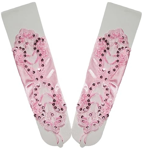 Whakano Damen Fingerlose Handschuhe,Elegante Spitzen Satin Handschuhe mit Pailletten,Brauthandschuhe,Opernhandschuhe,für Halloween,Bankett,Party,Hochzeit,Abschlussball,Cosplay,Tea Party Zubehör,Rosa
