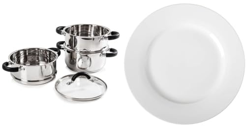 Tower T80836 Essentials Induction Steamer Pans 3 Tier with Glass Lid, Silicone Handles & Amazon Basics 6-Piece White Dinner Plate Set, 10.5 inches