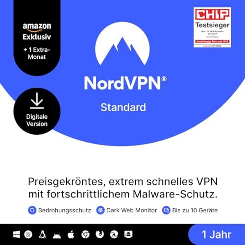 NordVPN Standard, Amazon Exklusiv, 10 Geräte, 1-Jahr + 1 Extra-Monat, Digitaler Code