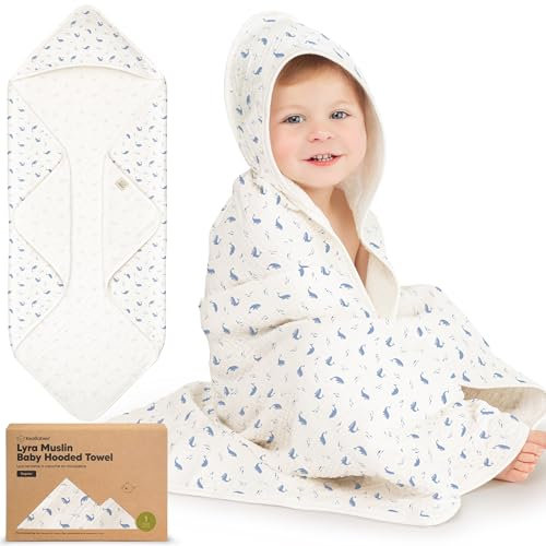 KeaBabies Musselin Babyhandtuch mit Kapuze für Mädchen, Jungen - Bio 100% Baumwolle Kapuzenhandtuch Baby für Neugeborene,Kleinkinder,Weiche absorbierende große Baby Handtuch Kapuze(Whale Bay, Regular)
