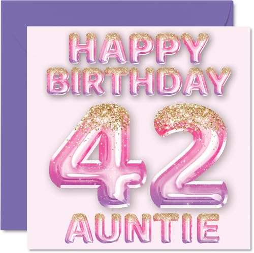 42nd Birthday Card for Auntie, Pink & Purple Glitter Balloons | Happy Birthday Cards for 42 Year Old Aunt Aunty from Nephew Niece, 145mm Bday Greeting Cards Gift
