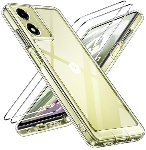 iVoler Anti-Jaunissement Clair Coque pour Motorola Moto E14 / G04 / G04S / G24 / G24 Power avec 2 Pièces Verre Trempé, Protection Militaire Transparente Étui de Protection Antichoc Mince Bumper Housse