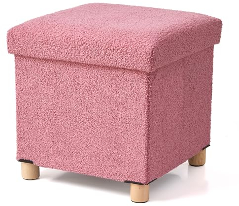 BRIAN & DANY Sitzhocker mit Stauraum, Teddy Fleece Fußhocker mit Holzfüßen, Fußhocker mit Stauraum, Sitzhocker für Wohnzimmer, Schlafzimmer, Rosa, 38 x 38 x 38 cm