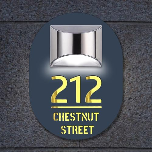 ALICESER Personalized House Numbers Plaques with Solar Light for Outside, Custom Laser Cut Door Name Address Numbers Street Outside Modern House Sign for Office Garden Yard Home (A-Oval)