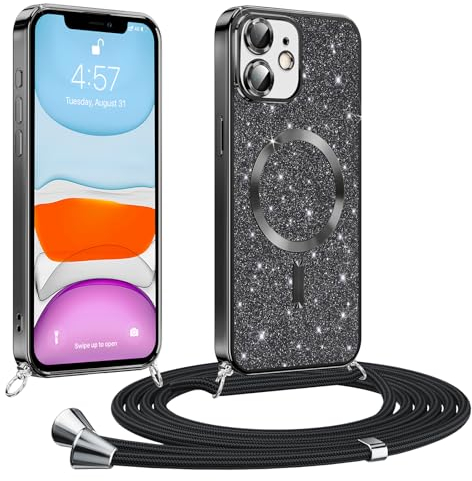 Phoona handyband Hülle für iPhone 11 mit Band, Glitzer Handyhülle Kompatibel mit MagSafe, Ganzkörperschutz Kratzfeste Stossfest Schutzhülle mit Einstellbar Kette, Schwarz