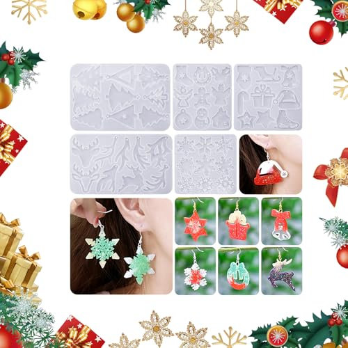 Satiskid Christmas Resin Moulds Kit - 5 Pcs Tree, Snowflake Elk Silicone Casting Mould with Hooks, Rings for DIY Dangle Earring Women Girls Jewelry