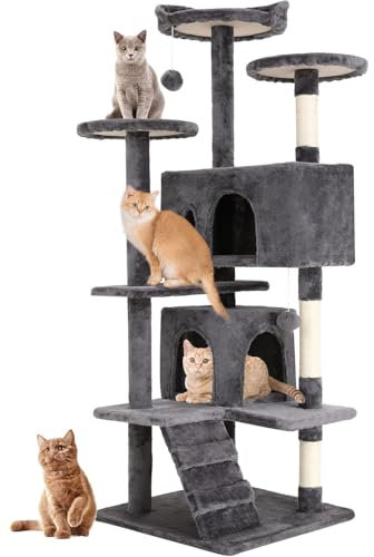 FDW Arbre à Chat Hauteur 177 cm Tour de Jeux pour Chat avec 2 Niches 3 Plateformes 2 Boules en Sisal Arbre à Grimper Multi-Niveaux Idéal pour 3-4 Chats Gris Clair