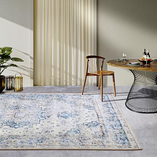 Villeroy & Boch Rene In- & Outdoor Teppich Orientalisch - Orient Flachgewebe, Klassisches Design Vintage, ÖKO-TEX Wetterfest & UV-beständig für Balkon, Terrasse, Garten – Creme Blau, 120x180cm