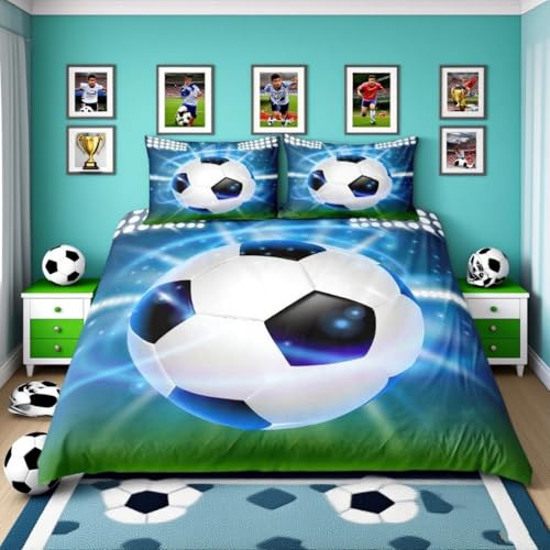 Homemissing Juego de ropa de cama para niños, adolescentes, diseño de balón de fútbol 3D, juego de ropa de cama con temática deportiva, tamaño individual, 2 piezas