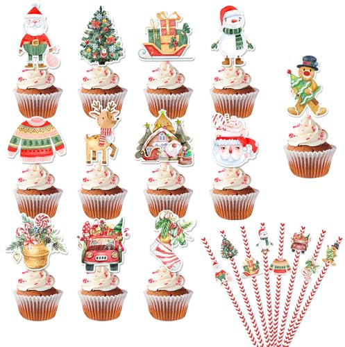Buziba 24 adornos para cupcakes de Navidad con 24 pajitas de papel de Navidad, decoraciones de fiesta de Navidad, árbol de Papá Noel, muñeco de nieve, palos de pastel para fiestas de