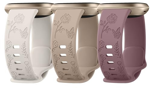 Vancle Armband für Fitbit Versa 4, Sense 2, Sense und Versa 3 - Floral Gravierte Silikon Ersatzarmbänder für Damen (Starlight/Milchtee/Violett)