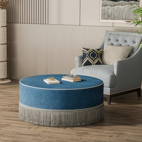 Rucener 100 cm Rund Pouf Hocker Ottoman Couchtisch für Wohnzimmer, Groß Samt Fußhocker Gepolstert für Schlafzimmer Und Garderobe, Modern Polsterhocker mit Quaste (Blau)