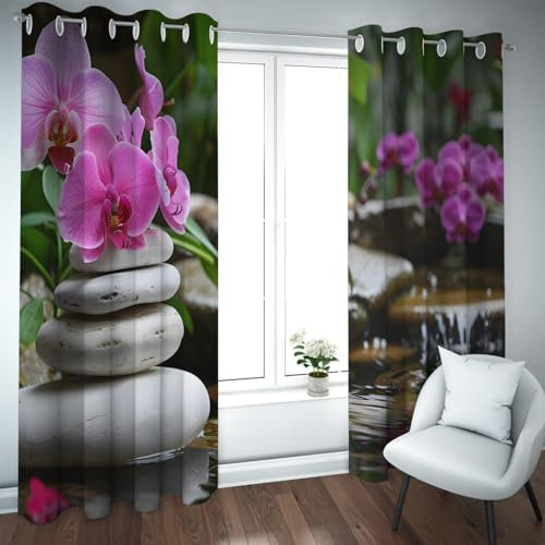 Deertweet Home Natürliche Szenerie Verdunkelungsvorhänge Zen Stein Orchideen Fenstervorhänge für Wohnzimmer Schlafzimmer Badezimmer Entspannender Yoga-Vorhang 2 Paneele H229xB229