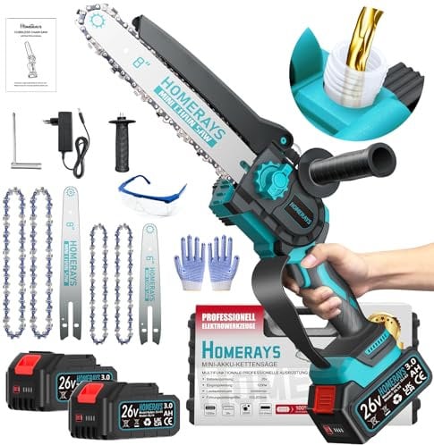 Mini Kettensäge mit Akku 6000mAh, 8-Zoll & 6-Zoll Mini Kettensäge Elektro mit Automatischer Öler und 2 * 3000mAh Bürstenlose Handkettensäge Akku für Gartenscheren Astschere Holzschneidenz